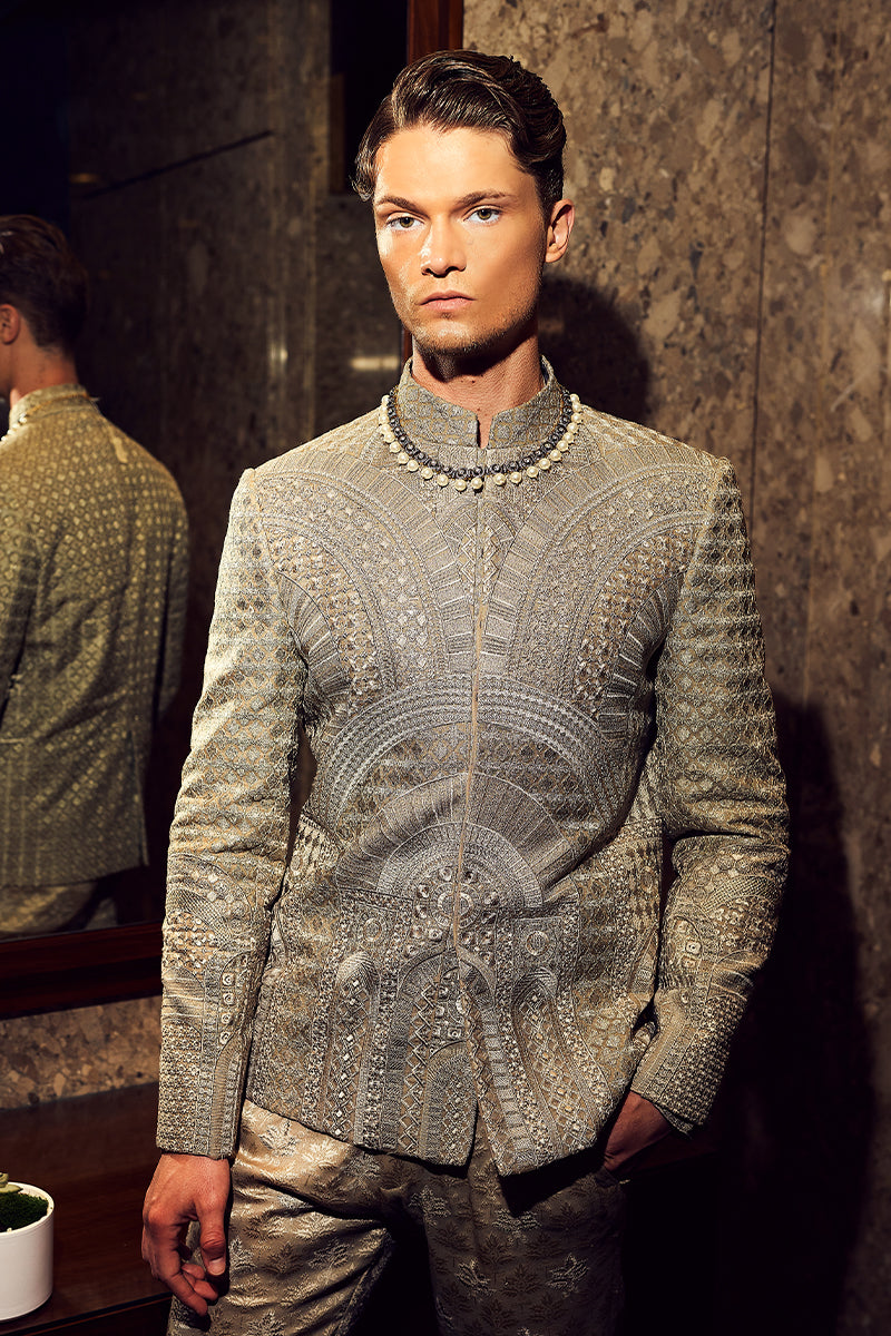 Olive Green Tilla Sequin Jamawar Prince Coat (2-Piece) - Image 1