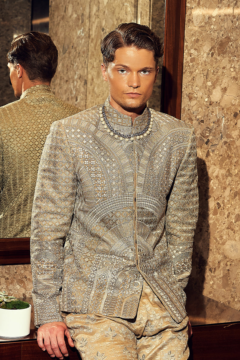 Olive Green Tilla Sequin Jamawar Prince Coat (2-Piece) - Image 3