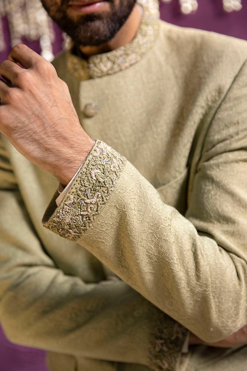 Mint Green Embroidered Karandi Prince Coat (2-Piece) - Image 2