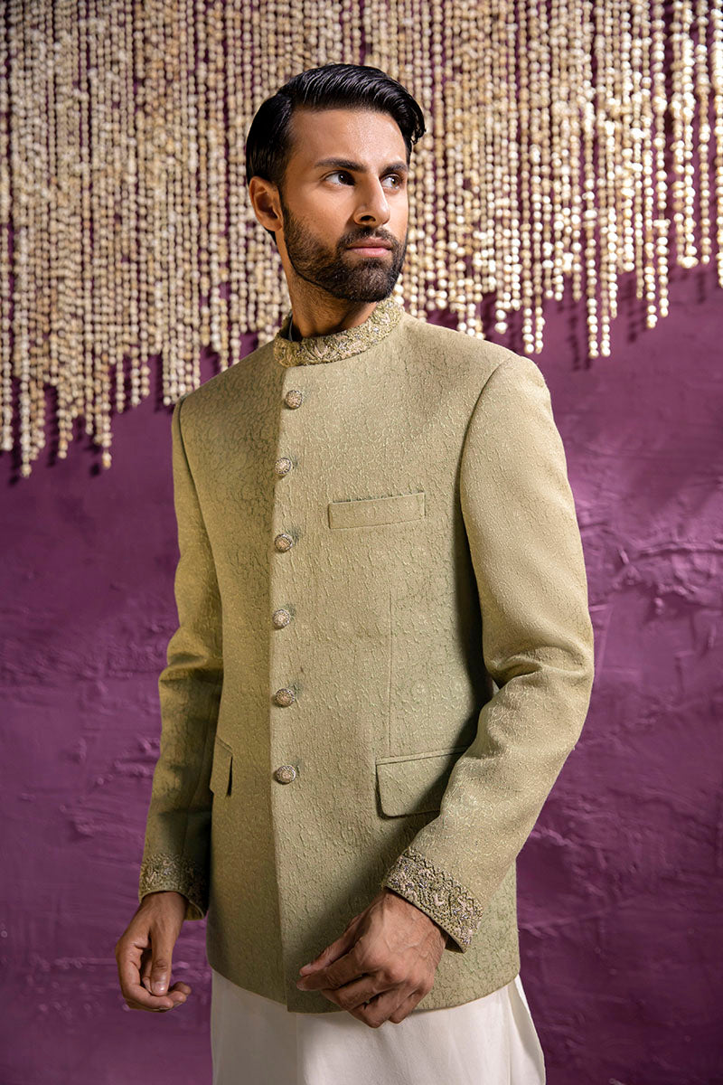 Mint Green Embroidered Karandi Prince Coat (2-Piece) - Image 4