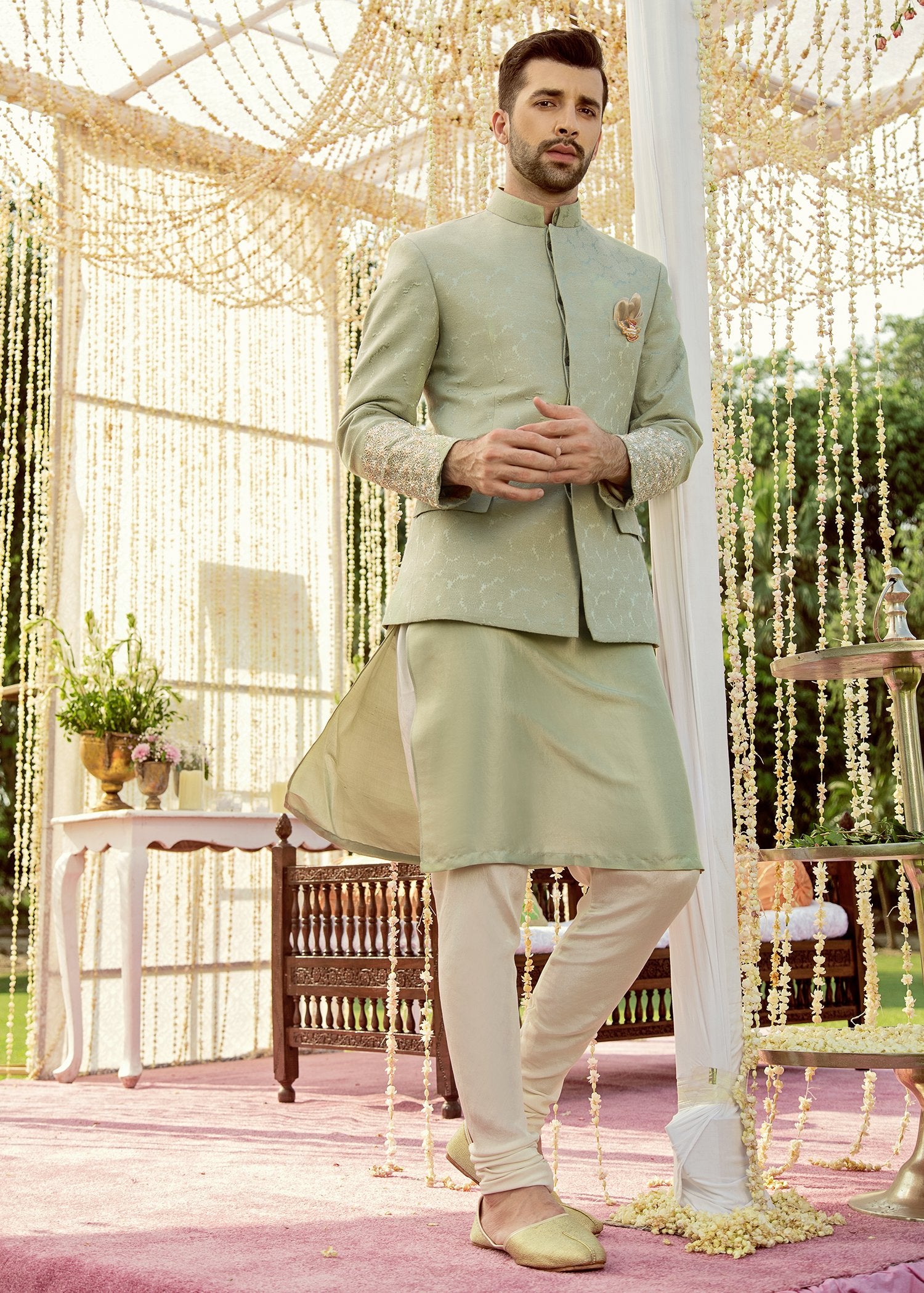 Grape Green Embroidered Karandi Prince Coat (3-Piece) - Image 1