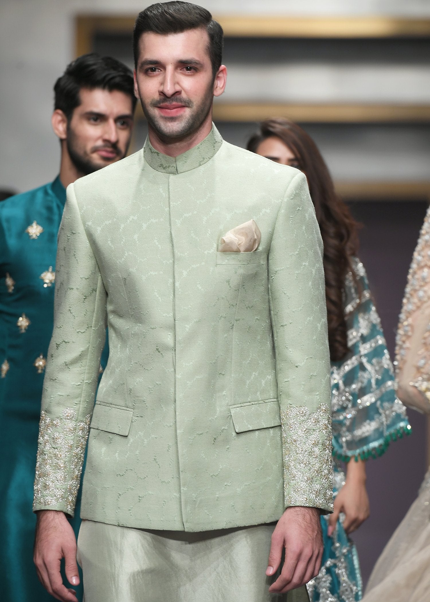 Grape Green Embroidered Karandi Prince Coat (3-Piece) - Image 2