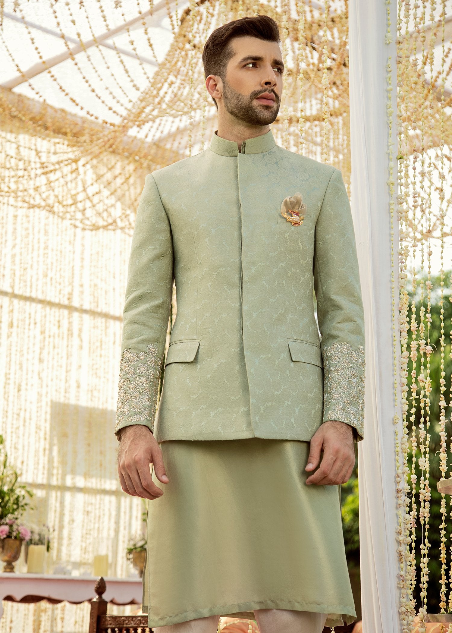 Grape Green Embroidered Karandi Prince Coat (3-Piece) - Image 3
