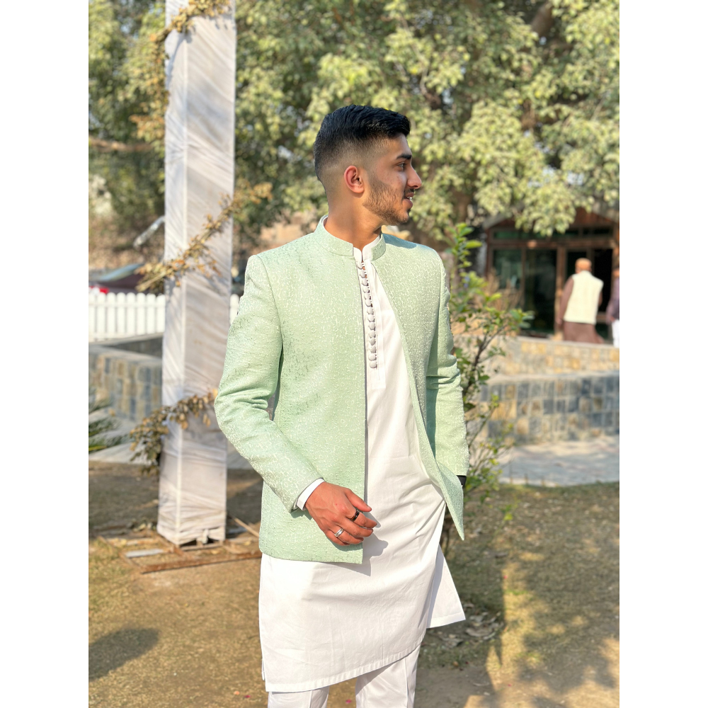 Mint Self-Printed Karandi Prince Coat (2-Piece) - Image 1