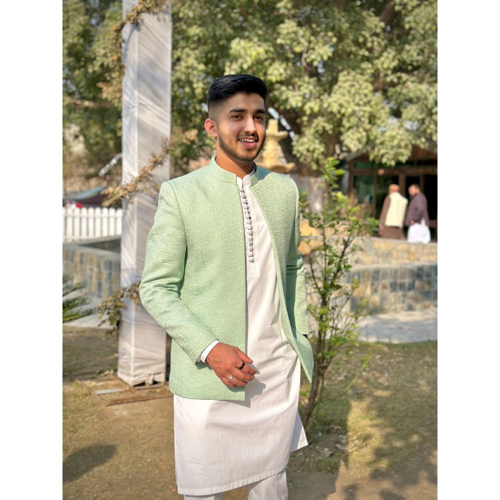 Mint Self-Printed Karandi Prince Coat (2-Piece) - Image 2