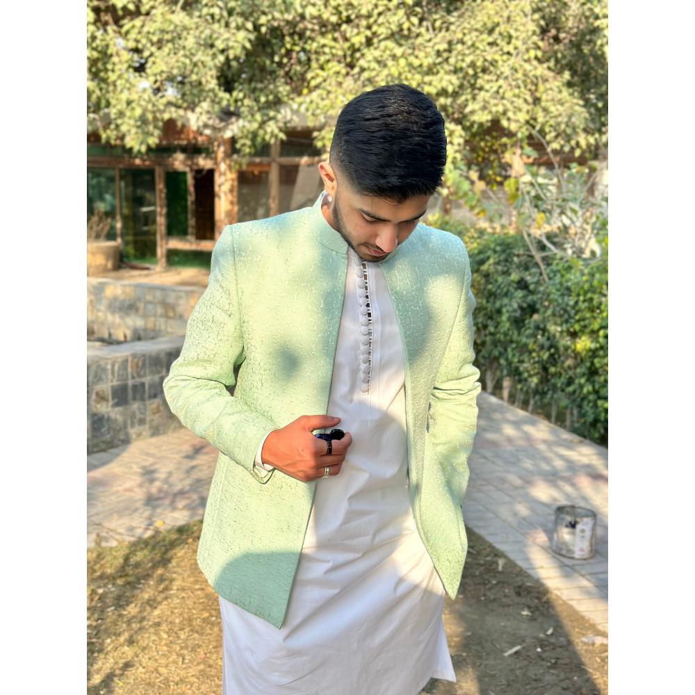 Mint Self-Printed Karandi Prince Coat (2-Piece) - Image 3