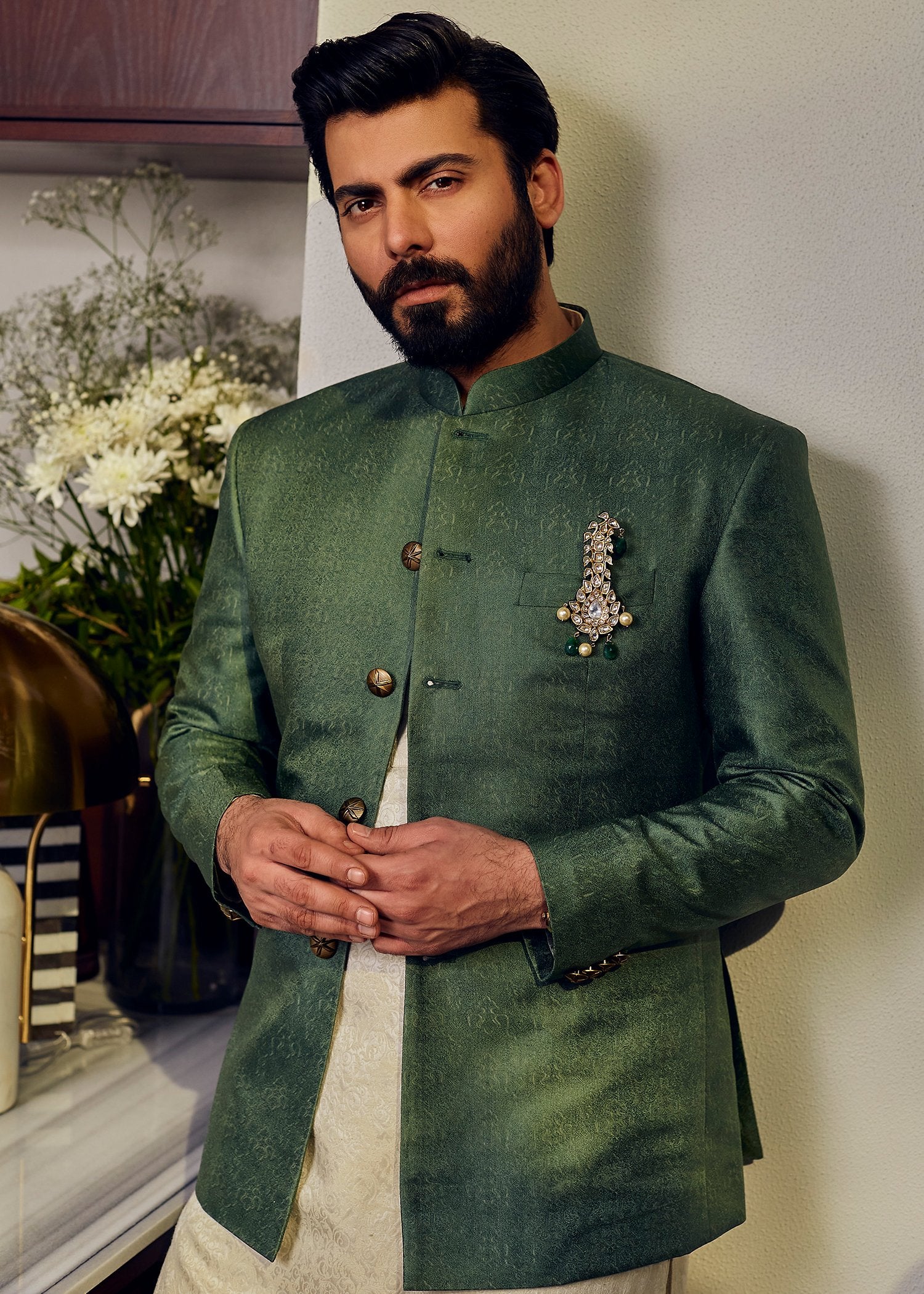 Hunter Green Jamawar Karandi Prince Coat (3-Piece) - Image 1