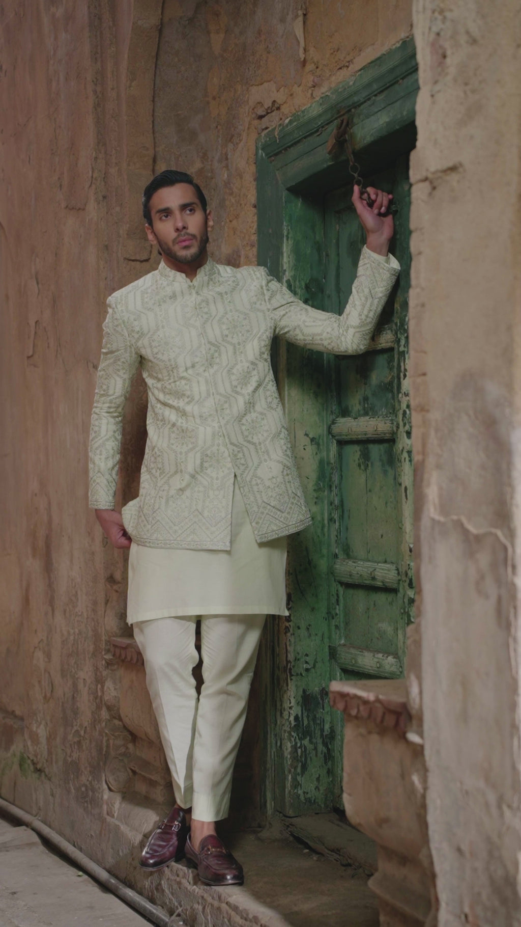 Light Green Embroidered Korean Raw Silk Prince Coat (3-Piece) - Image 4