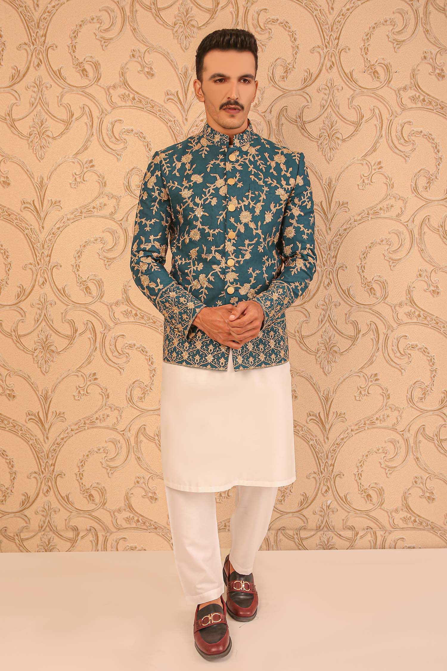 Teal Green Embroidered Masoori Prince Coat (2-Piece) - Image 1