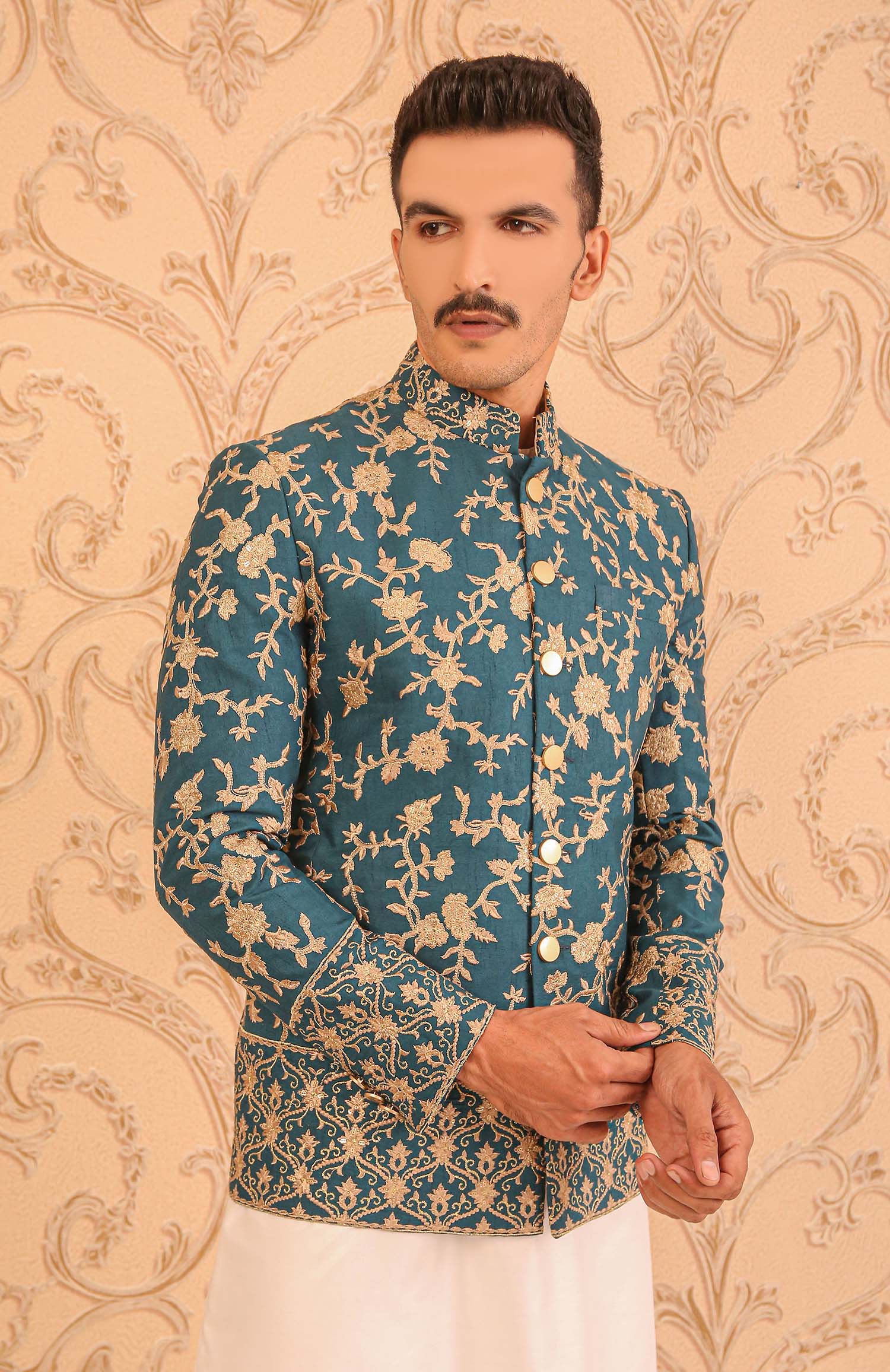 Teal Green Embroidered Masoori Prince Coat (2-Piece) - Image 2