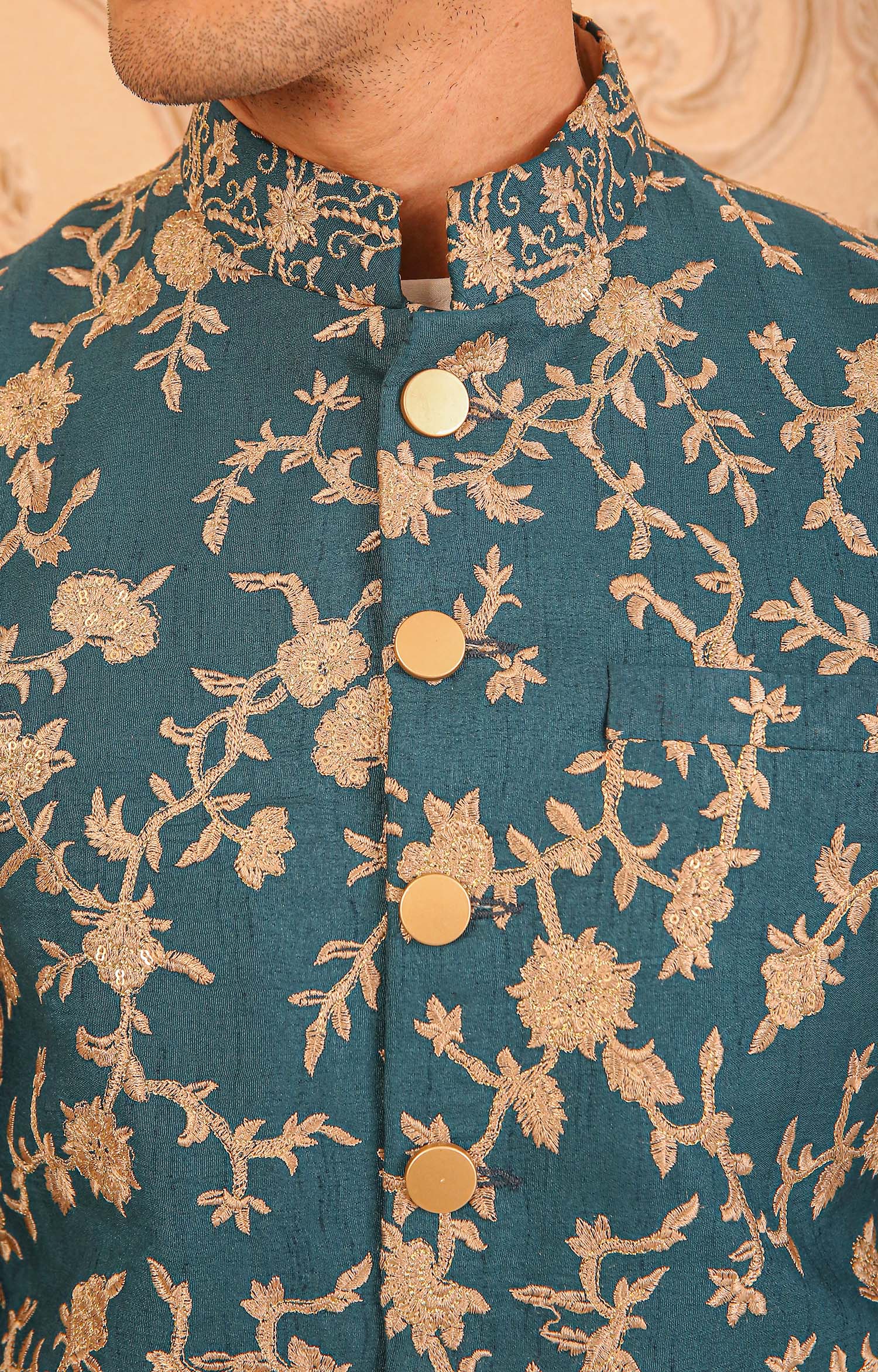 Teal Green Embroidered Masoori Prince Coat (2-Piece) - Image 3