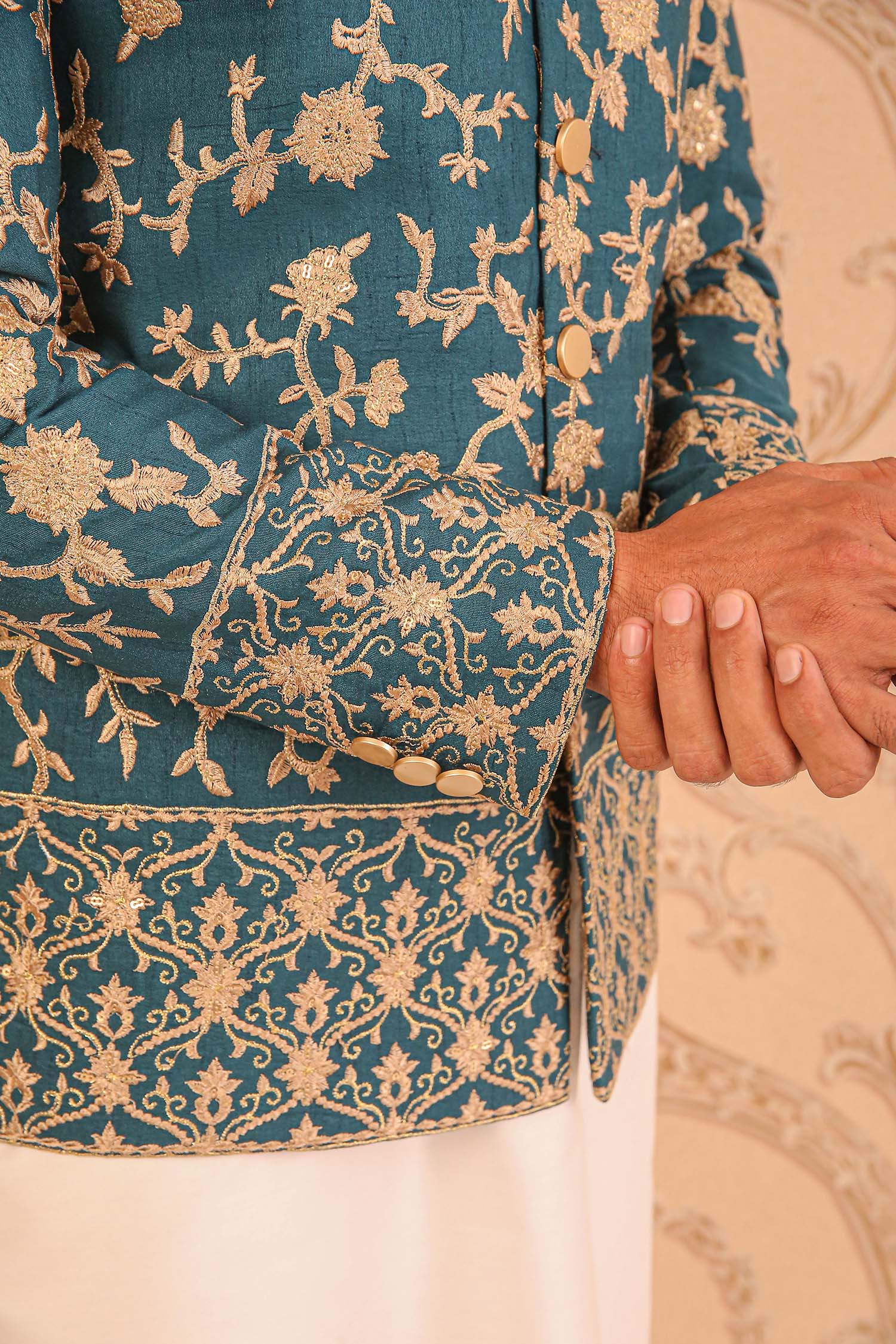 Teal Green Embroidered Masoori Prince Coat (2-Piece) - Image 4