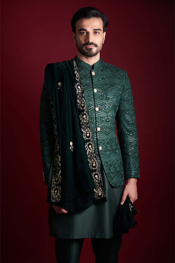 Forest Green Embroidered Mysoori Prince Jacket (4-Piece) - Image 1