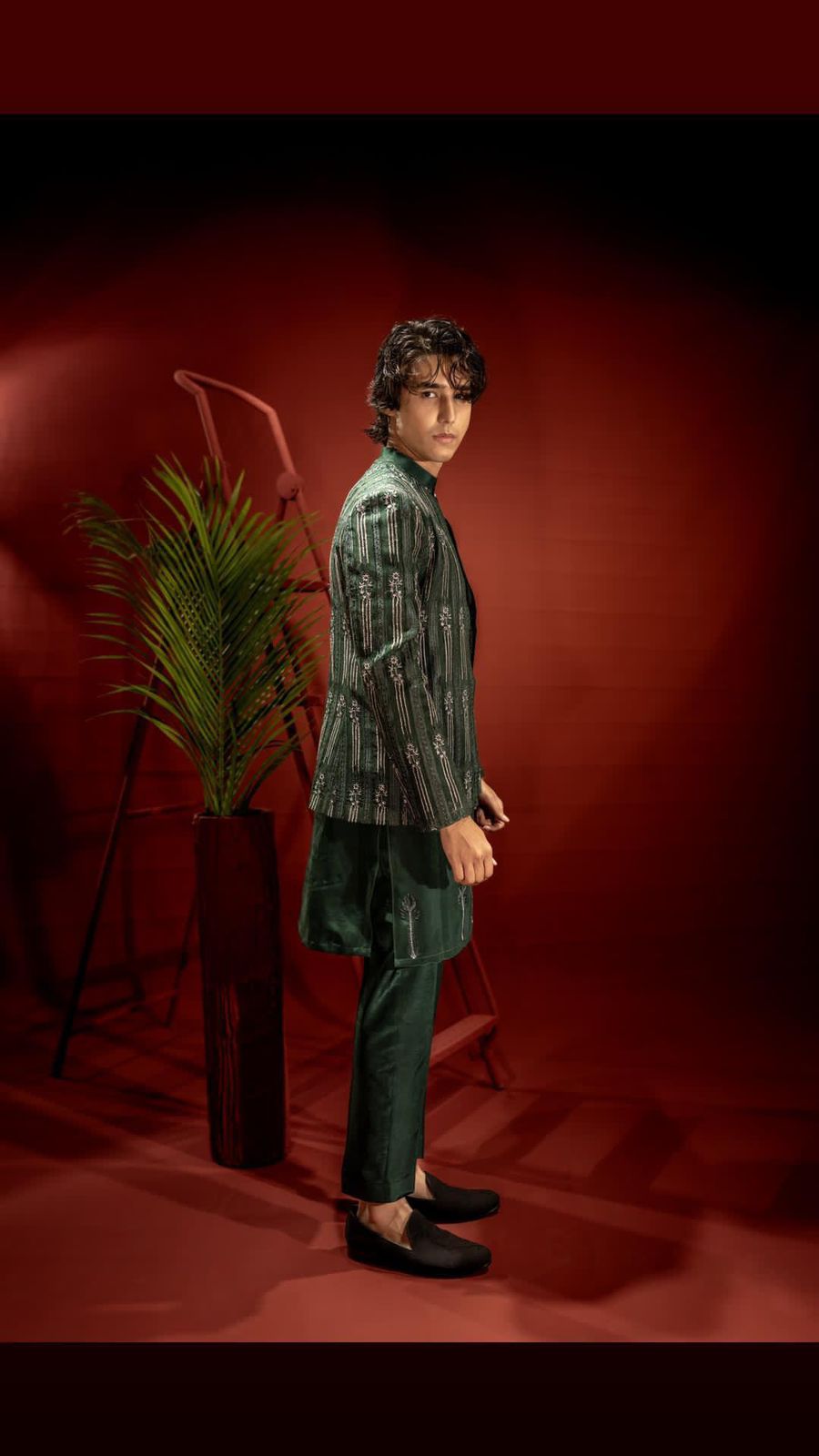 Bottle Green Embroidered Organza Prince Coat (3-Piece) - Image 1