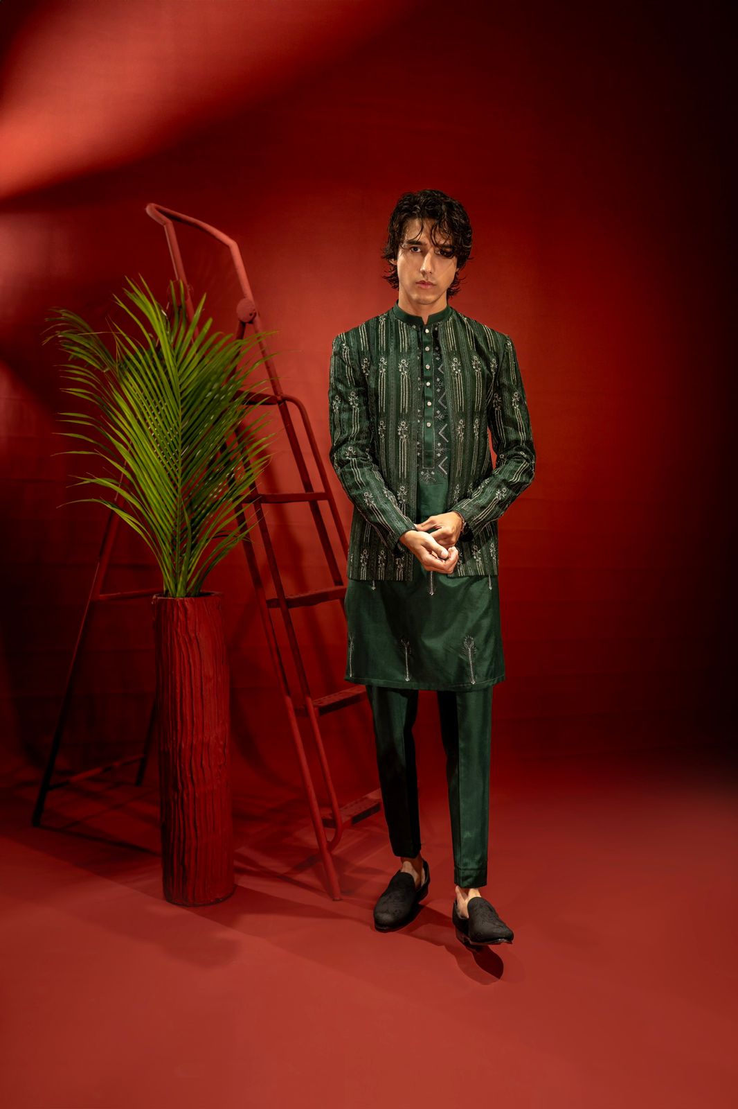 Bottle Green Embroidered Organza Prince Coat (3-Piece) - Image 3