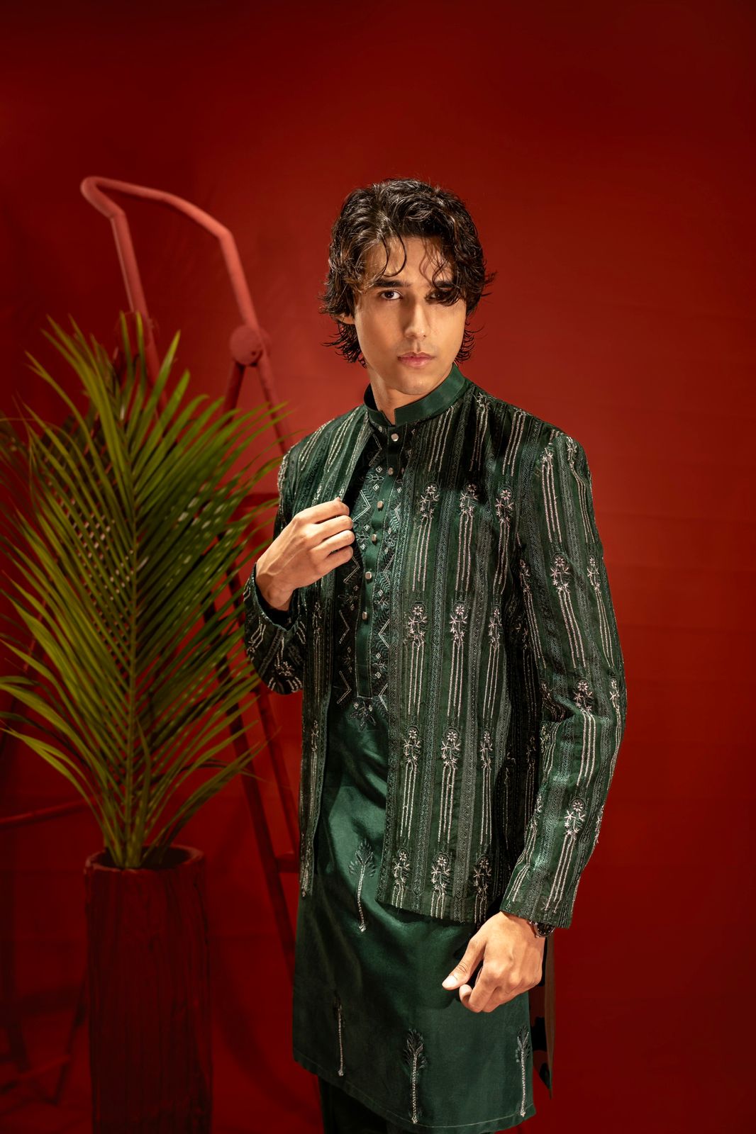 Bottle Green Embroidered Organza Prince Coat (3-Piece) - Image 4