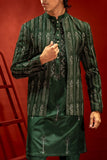Bottle Green Embroidered Organza Prince Coat (3-Piece) - Image 3