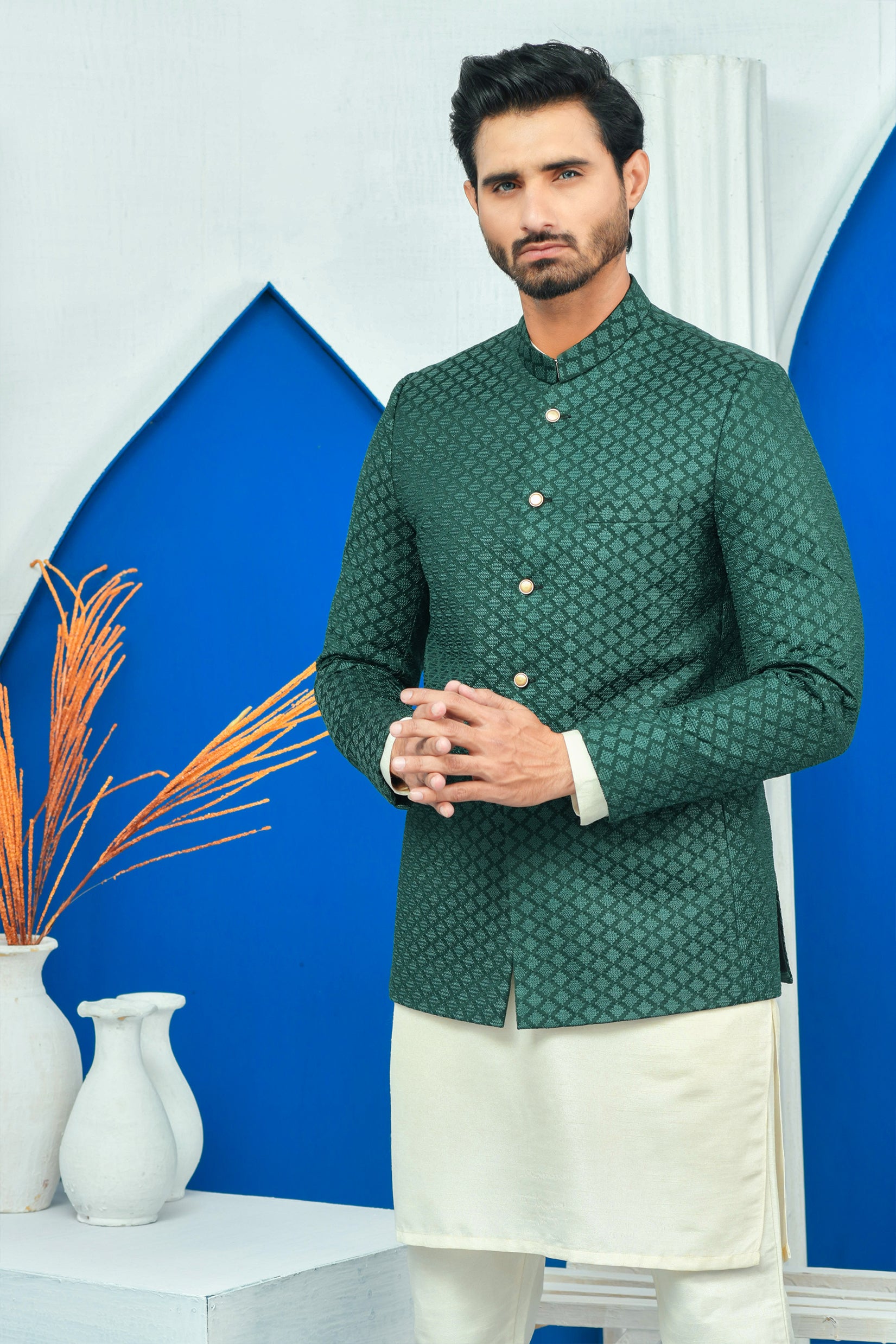 Green Embroidered Raw Silk Prince Coat (1-Pc) - Image 1