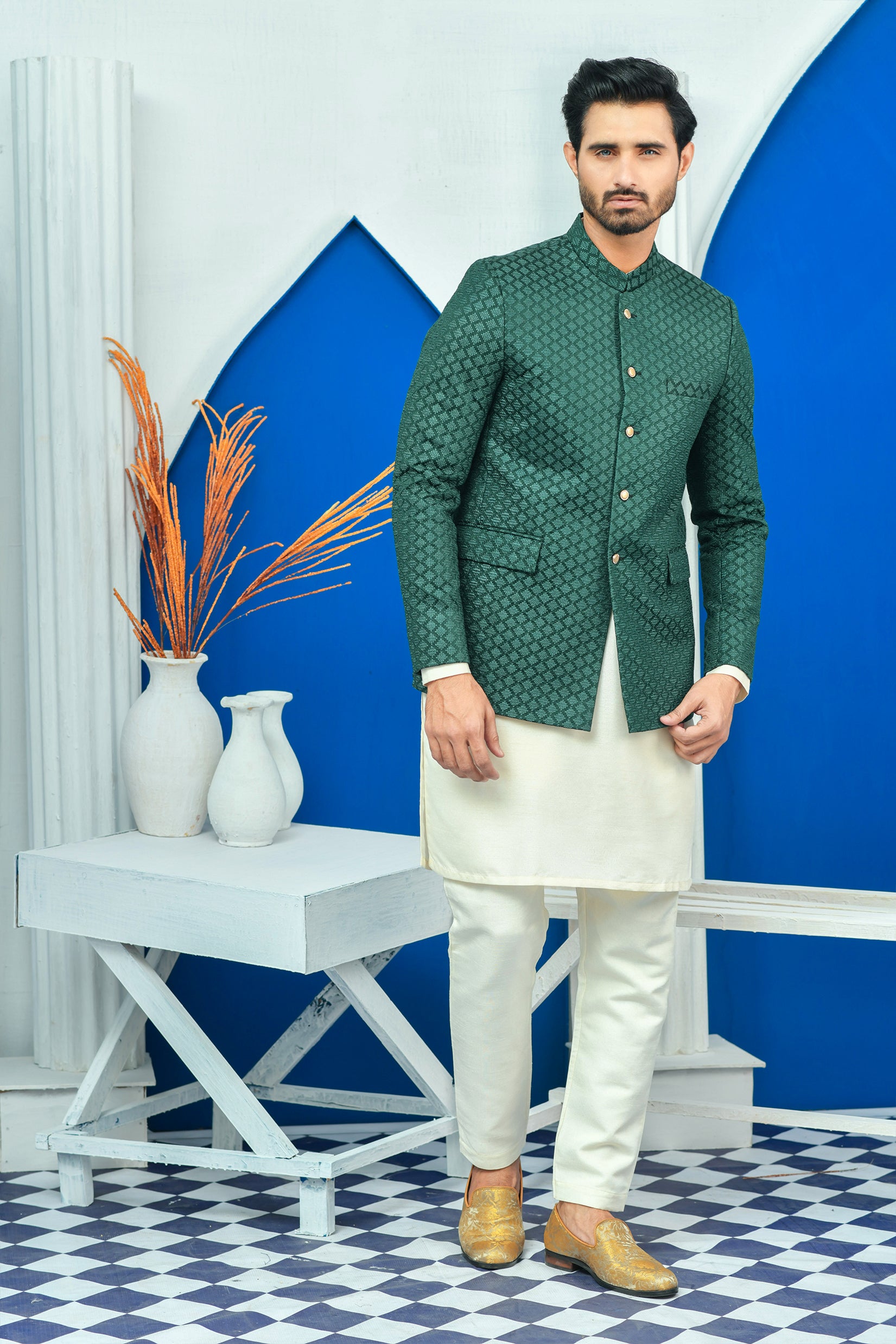 Green Embroidered Raw Silk Prince Coat (1-Pc) - Image 2