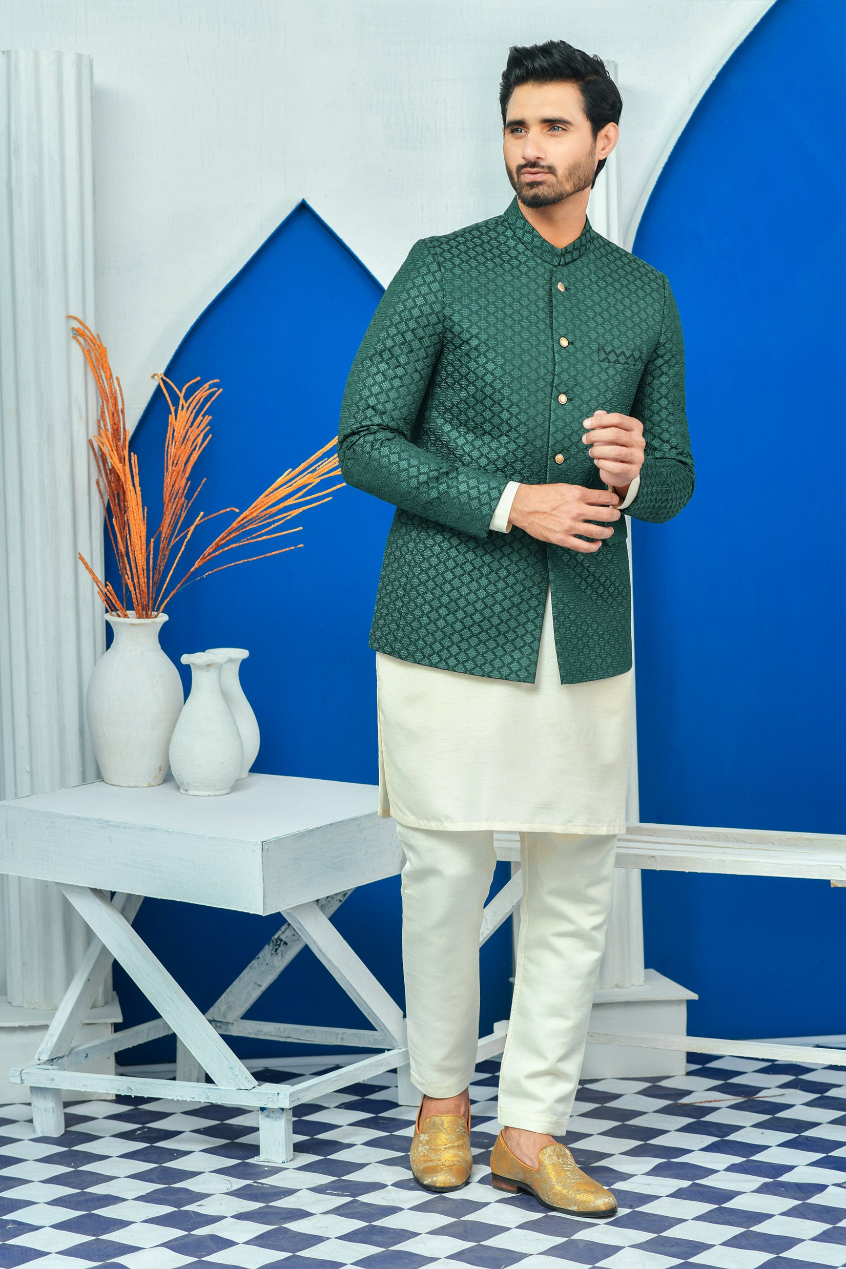 Green Embroidered Raw Silk Prince Coat (1-Pc) - Image 3