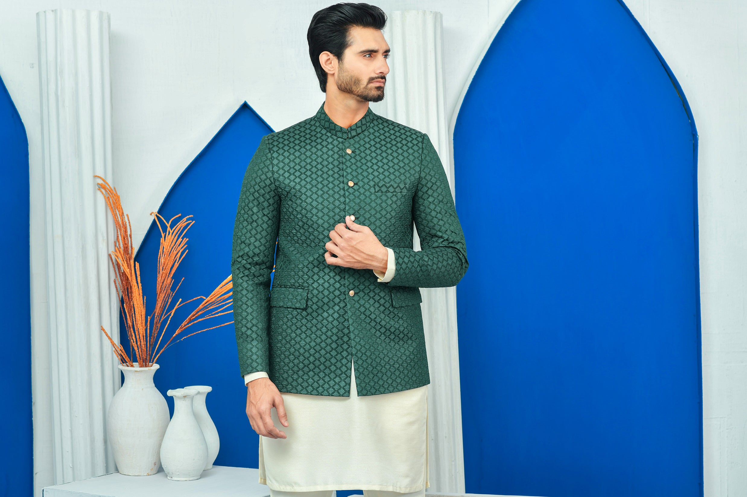 Green Embroidered Raw Silk Prince Coat (1-Pc) - Image 4