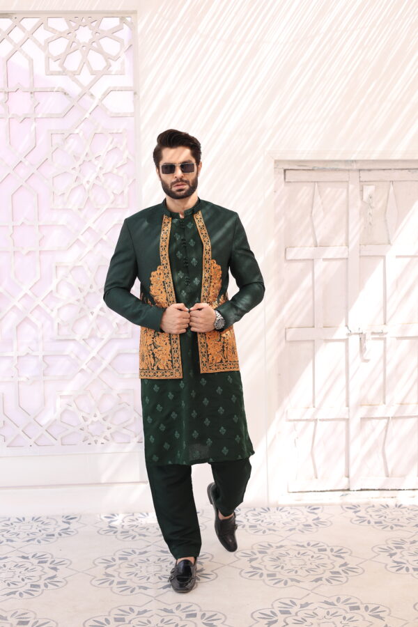 Deep Green Embroidered Raw Silk Prince Coat (3-Piece) - Image 1