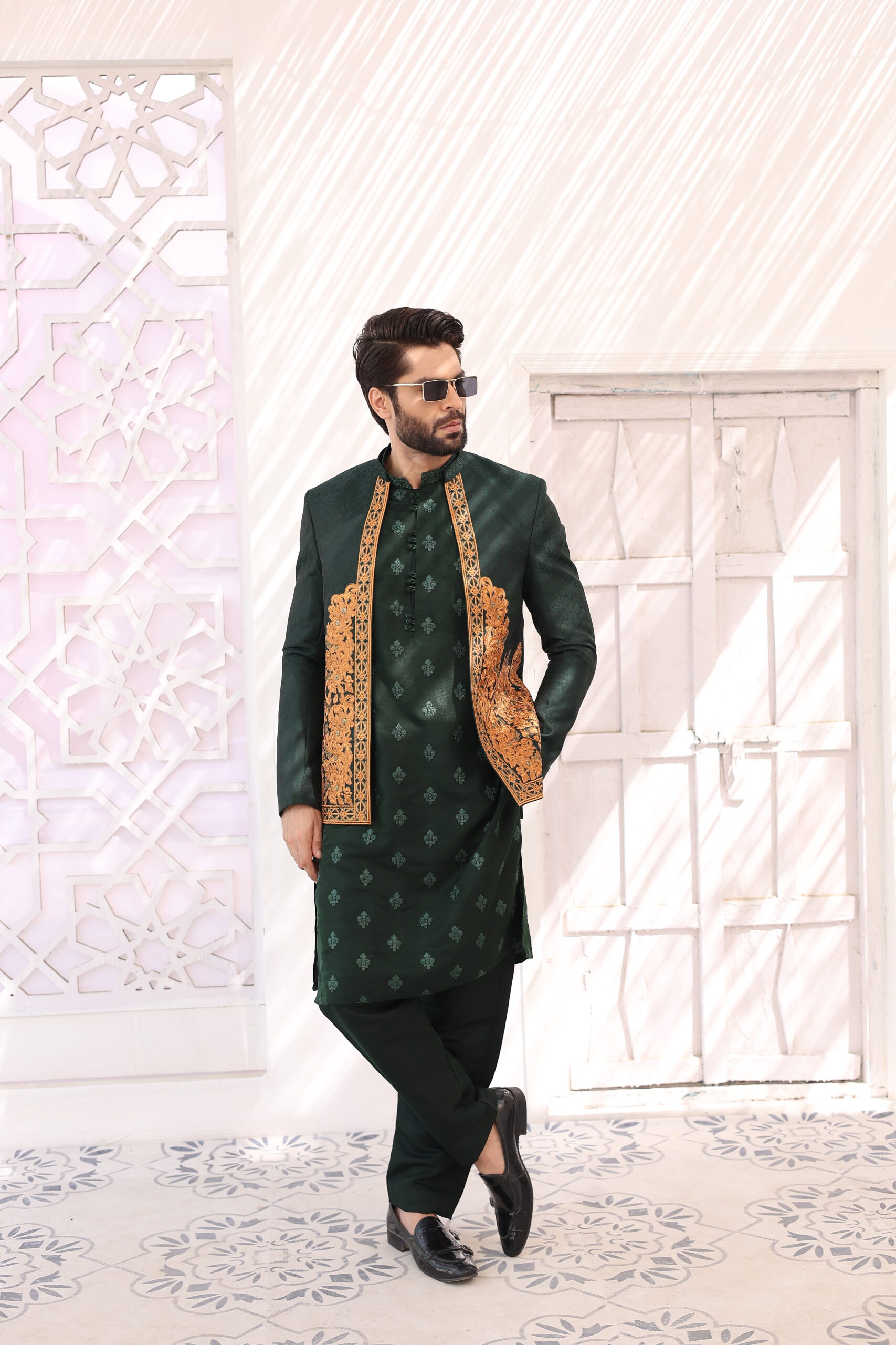 Deep Green Embroidered Raw Silk Prince Coat (3-Piece) - Image 2