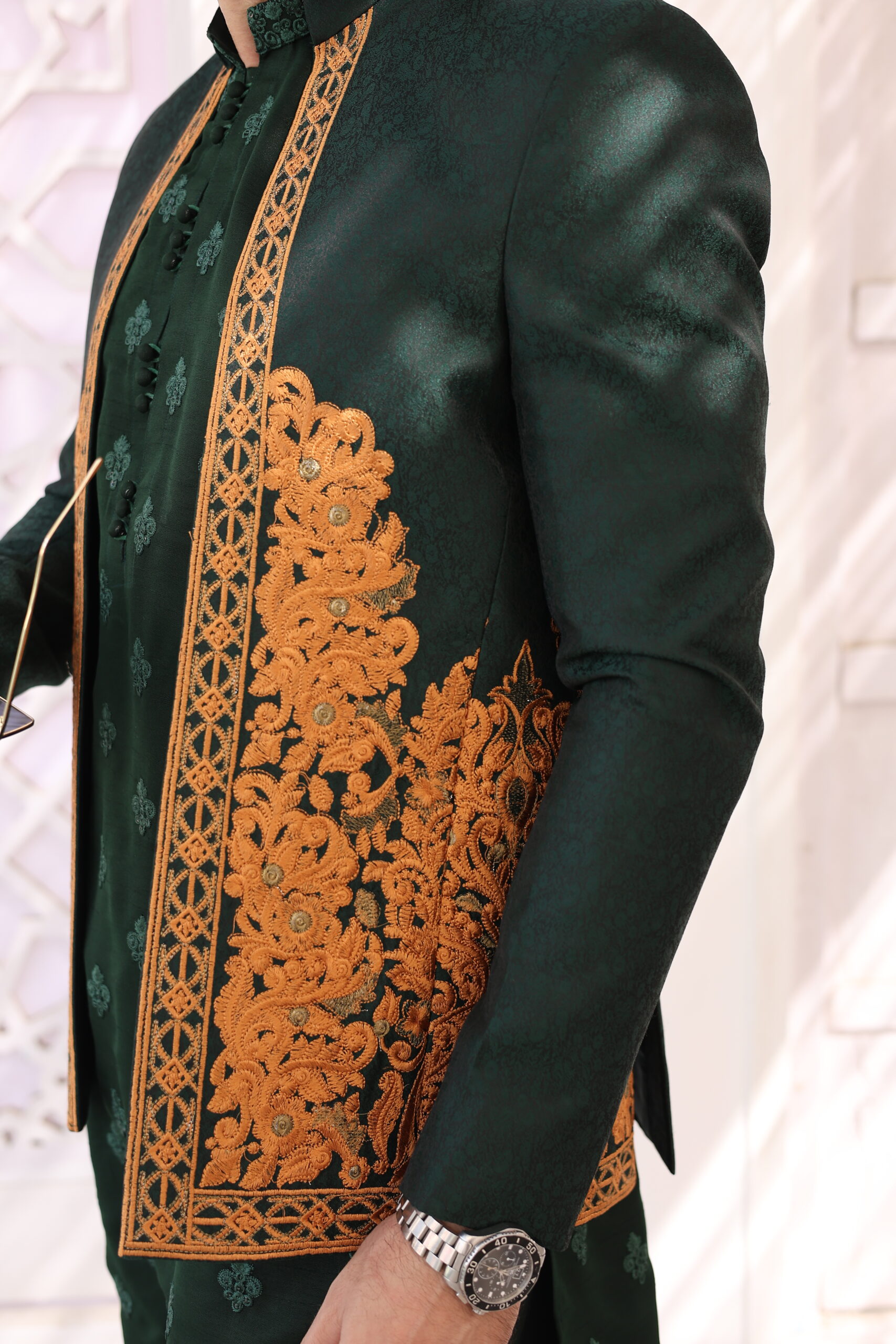 Deep Green Embroidered Raw Silk Prince Coat (3-Piece) - Image 4