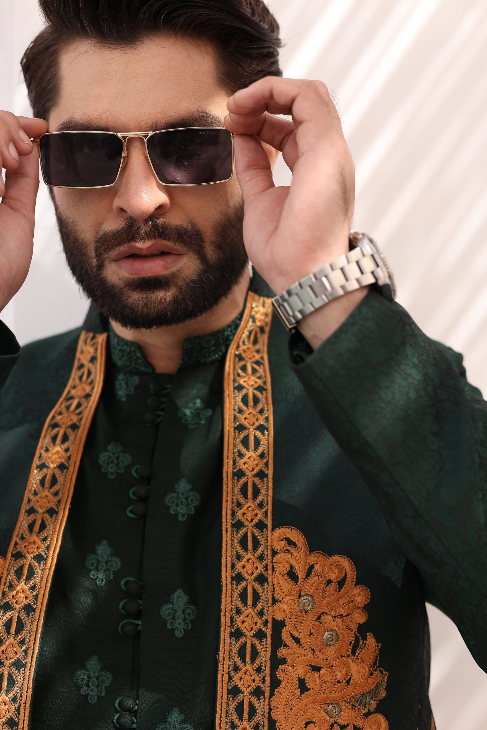 Deep Green Embroidered Raw Silk Prince Coat (3-Piece) - Image 5