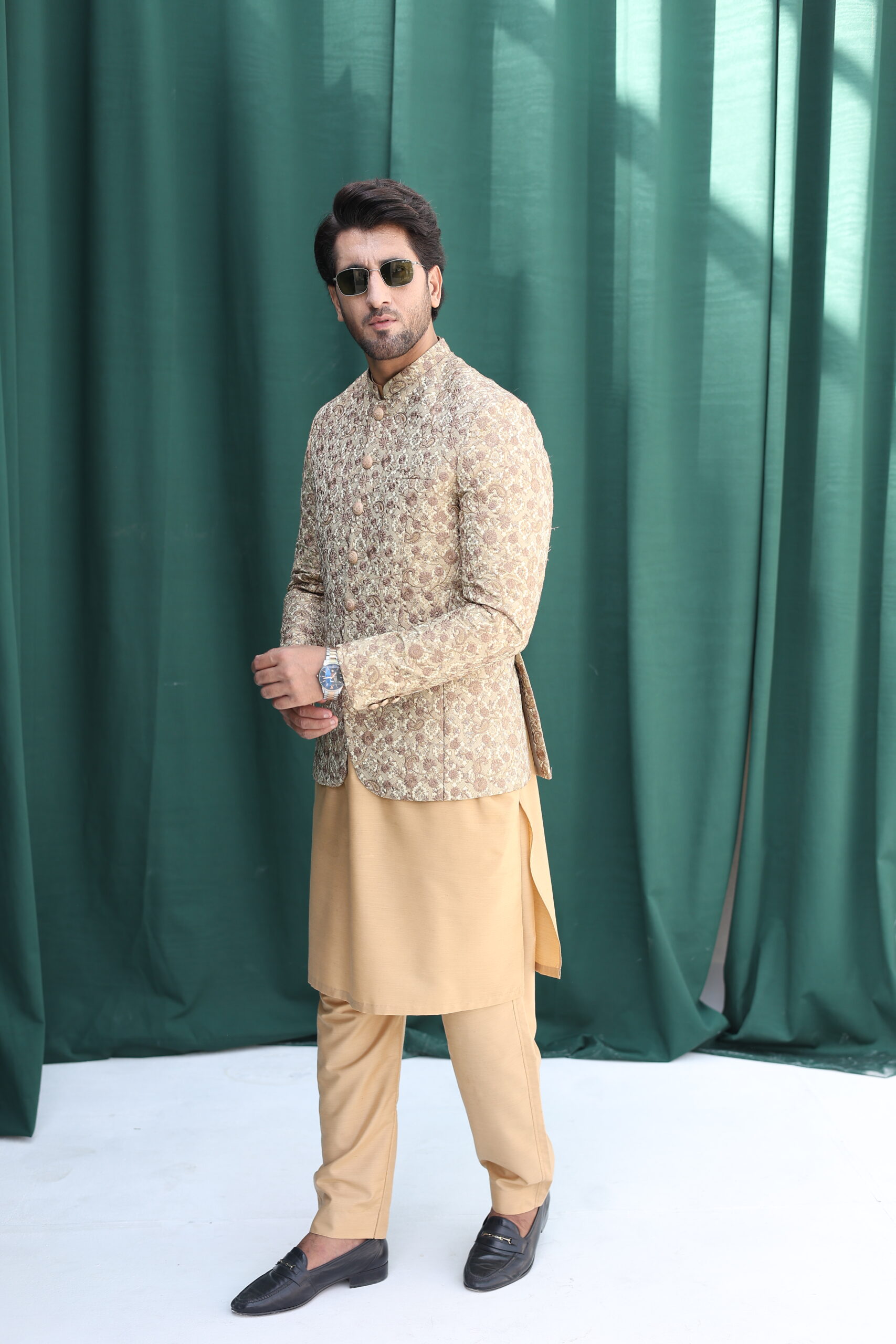 Sea Green Embroidered Raw Silk Prince Coat (3-Piece) - Image 1