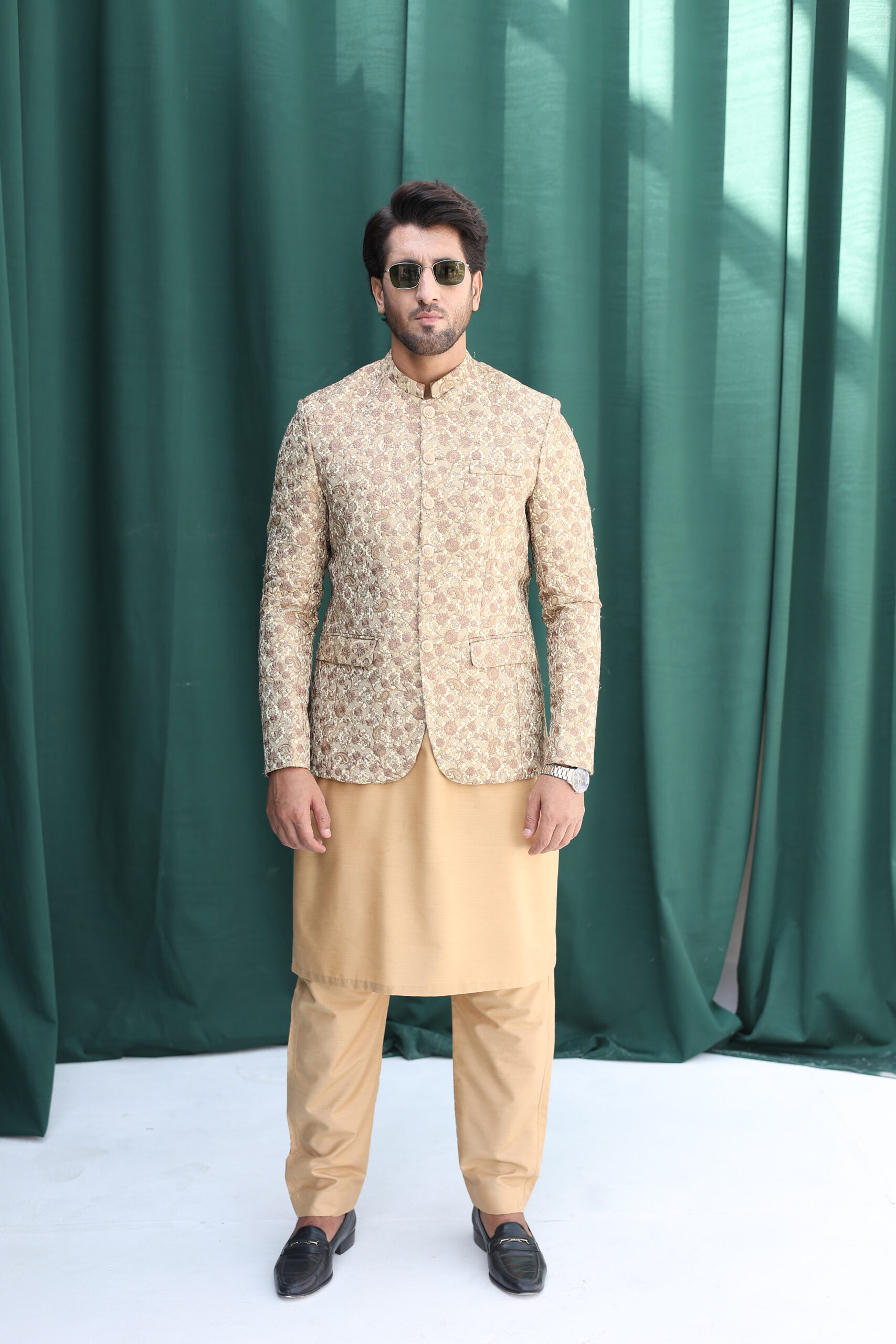 Sea Green Embroidered Raw Silk Prince Coat (3-Piece) - Image 2