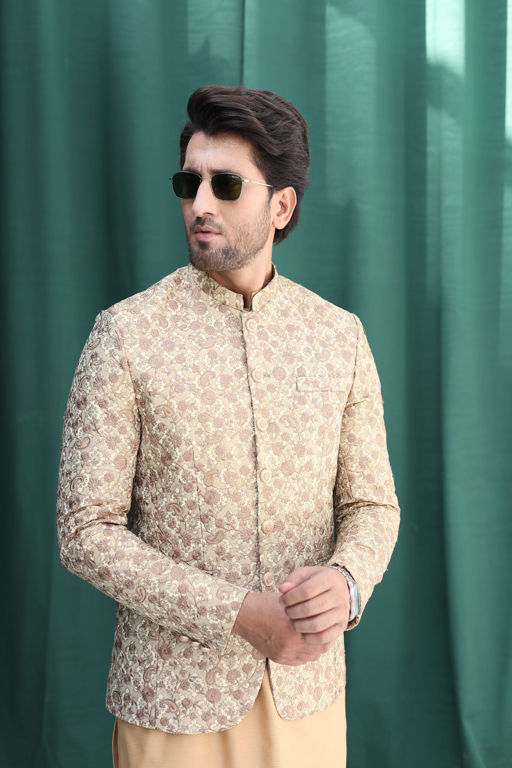 Sea Green Embroidered Raw Silk Prince Coat (3-Piece) - Image 4