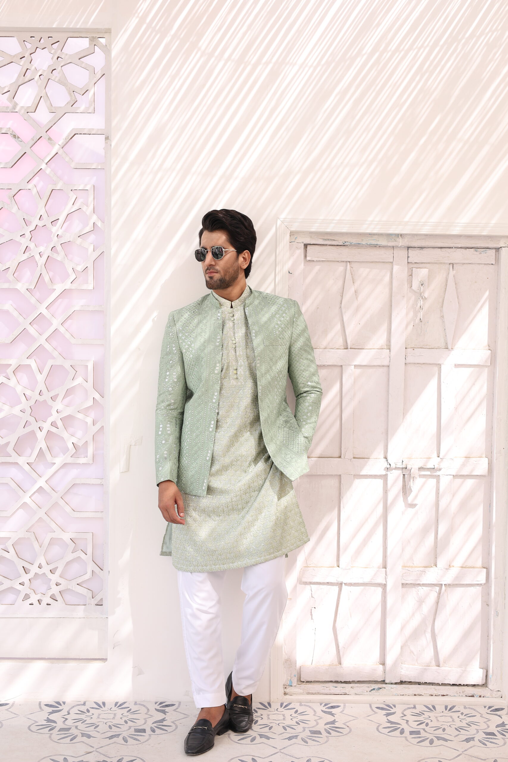 Pastel Green Embroidered Raw Silk Prince Coat (3-Piece) - Image 1