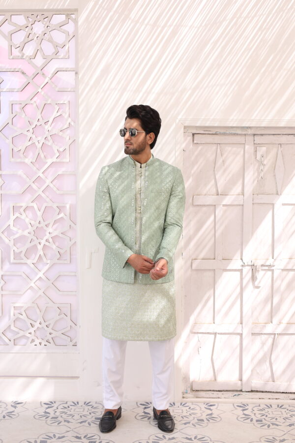 Pastel Green Embroidered Raw Silk Prince Coat (3-Piece) - Image 2
