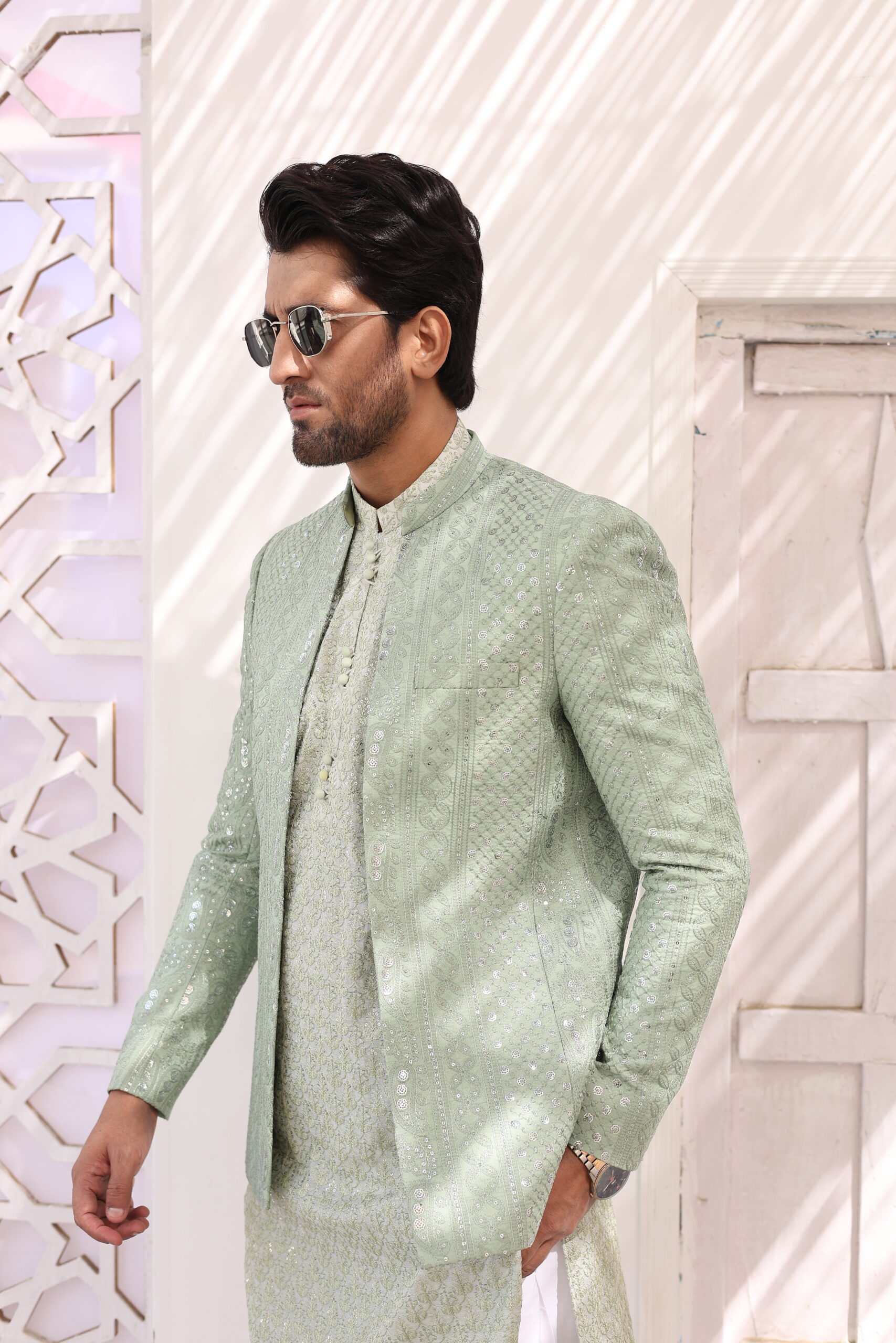 Pastel Green Embroidered Raw Silk Prince Coat (3-Piece) - Image 3