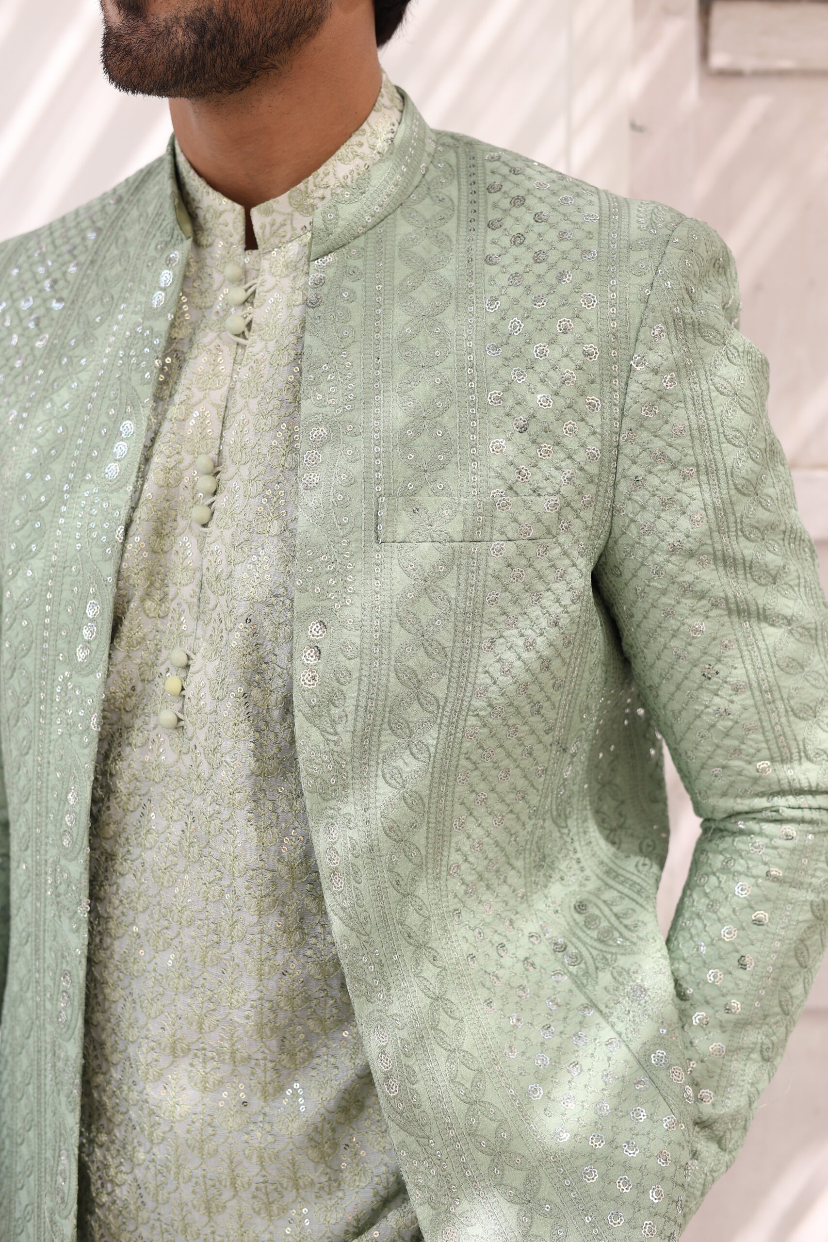 Pastel Green Embroidered Raw Silk Prince Coat (3-Piece) - Image 4