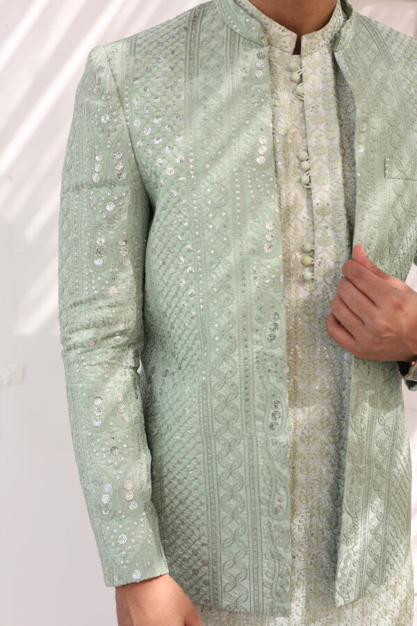 Pastel Green Embroidered Raw Silk Prince Coat (3-Piece) - Image 5