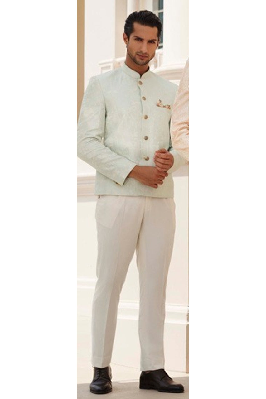 Pistachio Embroidered Raw Silk Prince Coat (2-Piece) - Image 1