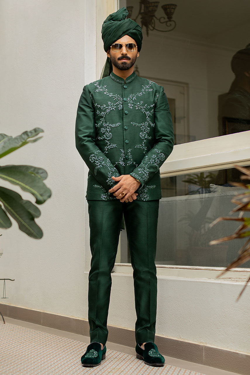 Emerald Green Cutdana Embroidered Raw Silk Prince Coat (2-Piece) - Image 1