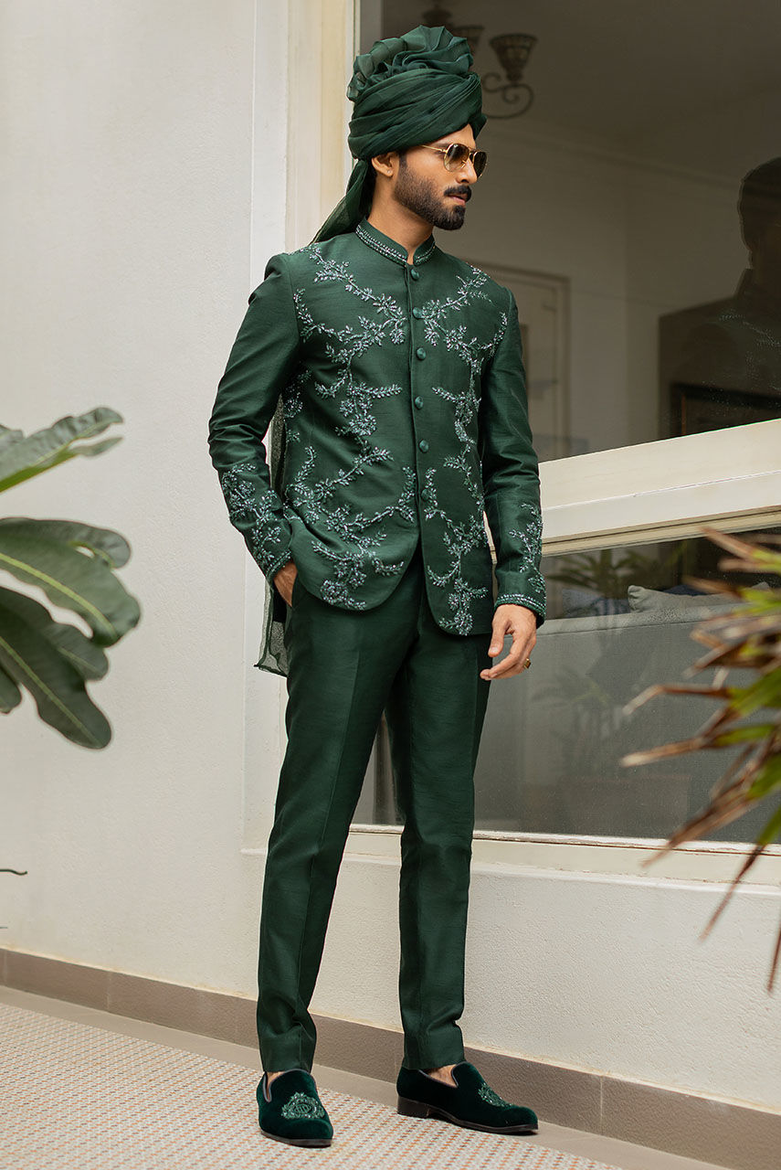 Emerald Green Cutdana Embroidered Raw Silk Prince Coat (2-Piece) - Image 2