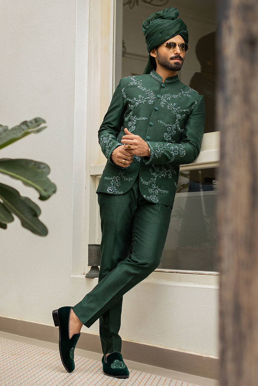 Emerald Green Cutdana Embroidered Raw Silk Prince Coat (2-Piece) - Image 3