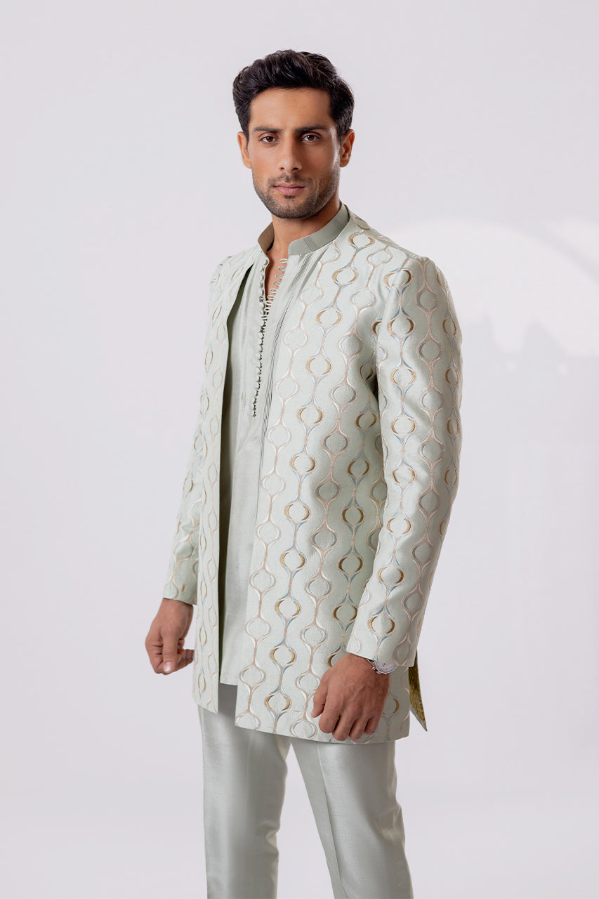 Mint Green Embroidered Raw Silk Prince Coat (3-Piece) - Image 4