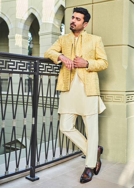 Avocado Embroidered Prince Coat with Raw Silk Inner (3-Piece) - Image 1