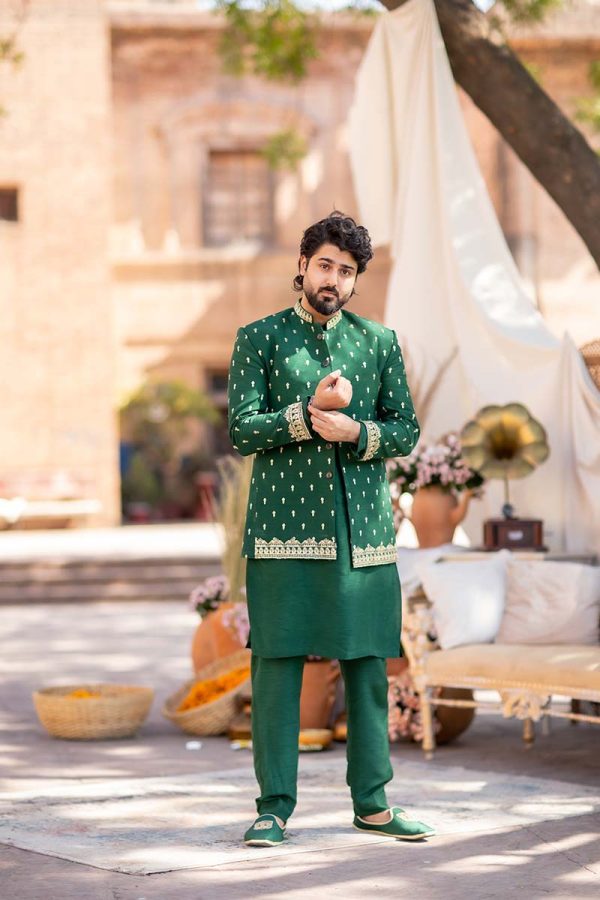 Green Embroidered Raw Silk Prince Coat (3-Piece) - Image 1
