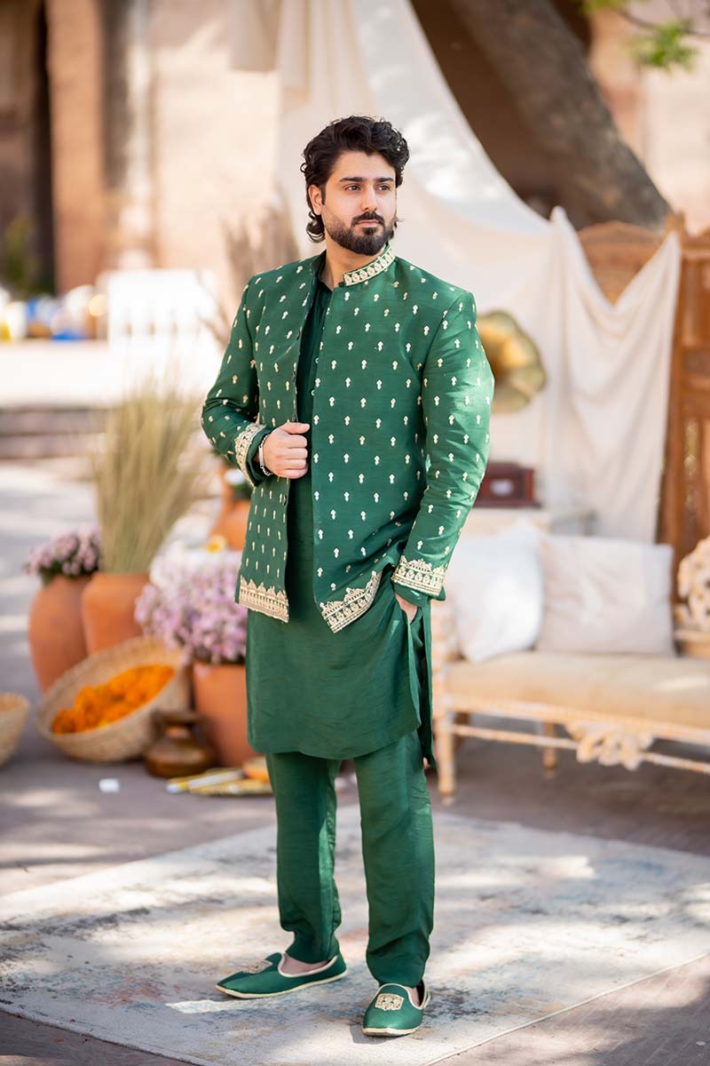 Green Embroidered Raw Silk Prince Coat (3-Piece) - Image 3