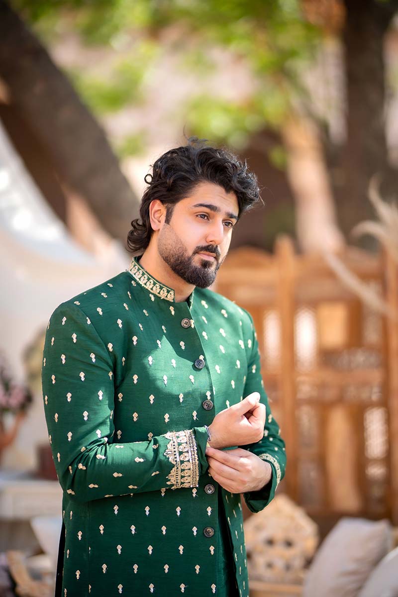 Green Embroidered Raw Silk Prince Coat (3-Piece) - Image 4