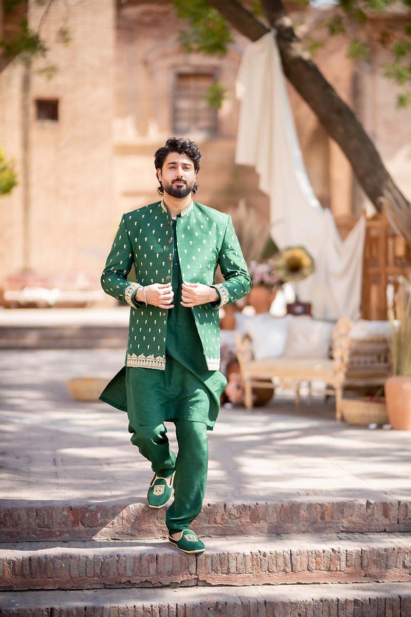 Green Embroidered Raw Silk Prince Coat (3-Piece) - Image 5