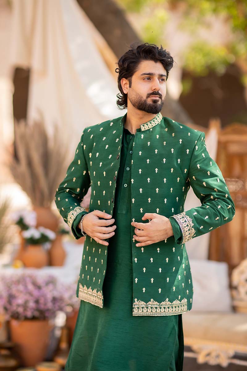 Green Embroidered Raw Silk Prince Coat (3-Piece) - Image 7