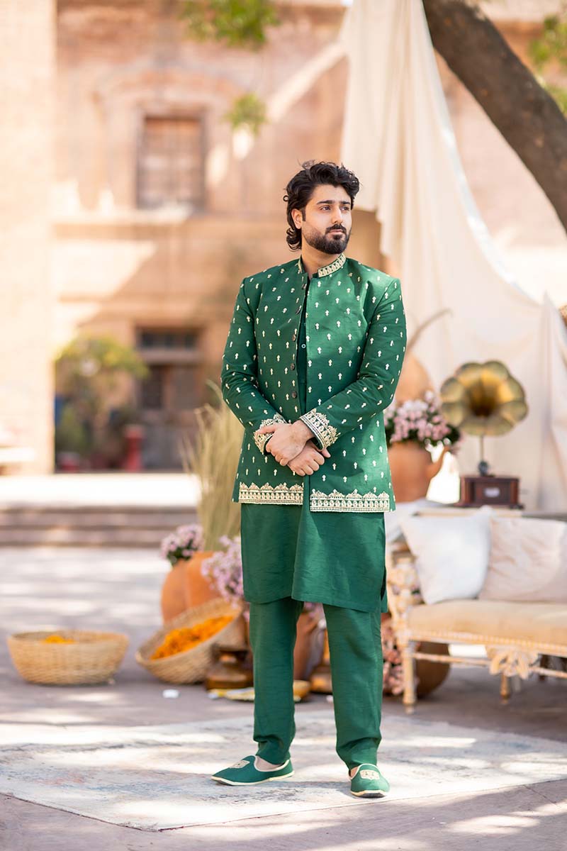 Green Embroidered Raw Silk Prince Coat (3-Piece) - Image 8