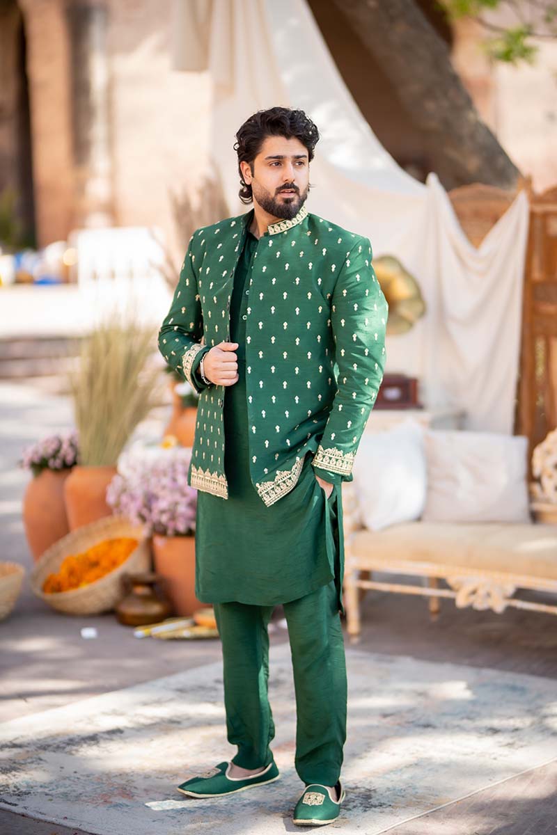 Green Embroidered Raw Silk Prince Coat (3-Piece) - Image 9